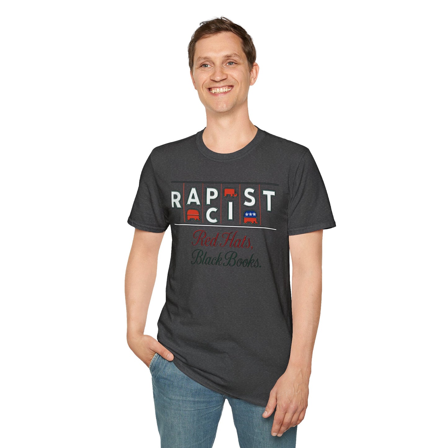 Red Hats, Black Book. Unisex Softstyle T-Shirt, Casual Tee, Statement Shirt, Political Humor, Gift for Activists, Unisex Graphic Tee