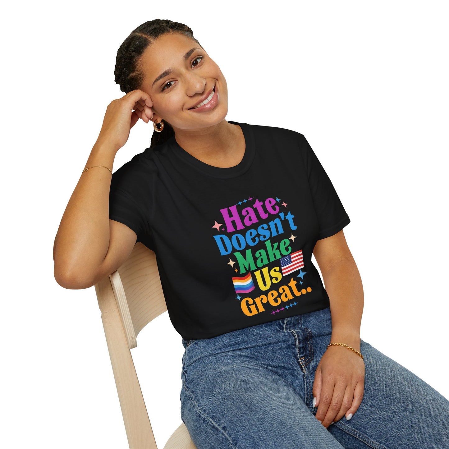 Hate Doesn't Make Us Great T-Shirt | Unisex Softstyle Tee, LGBTQ Pride, Equality, Love Wins, Rainbow Graphic Tee, Wearable Message