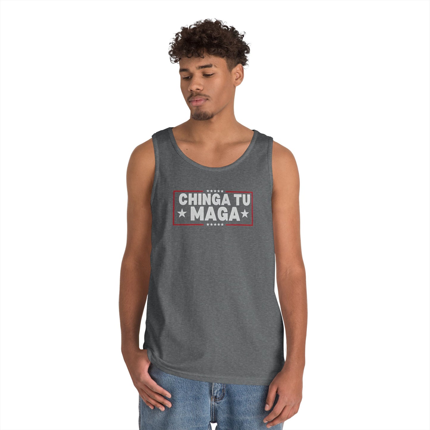 Chinga Tu Maga Tank Top | Unisex Heavy Cotton Tank | Casual Summer Wear, Funny Gift, Party Outfit, LGBTQ+ Pride Apparel, Statement Tee