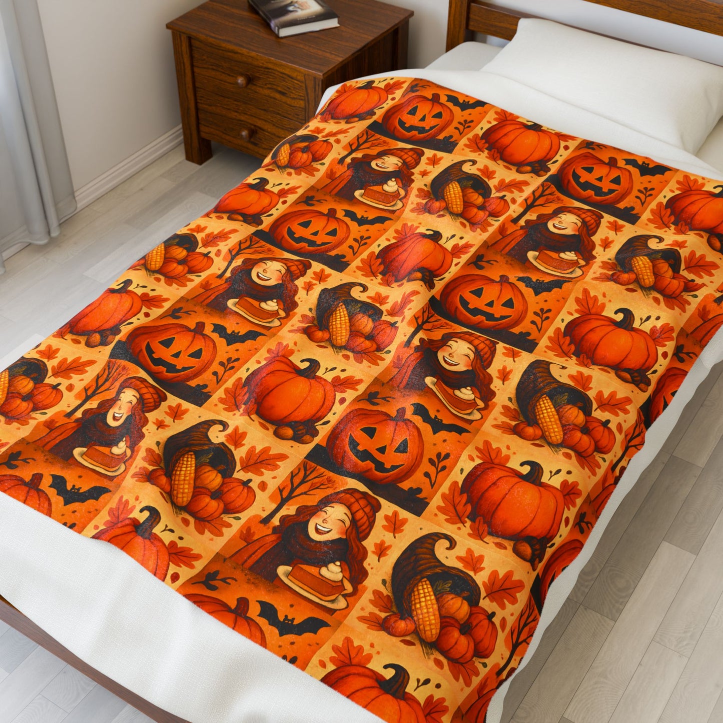 Autumn Themed Velveteen Plush Blanket, Cozy Fall Decor, Halloween Warmth, Pumpkin Blanket, Thanksgiving Gift, Seasonal Home Comfort