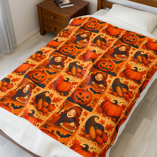 Autumn Themed Velveteen Plush Blanket, Cozy Fall Decor, Halloween Warmth, Pumpkin Blanket, Thanksgiving Gift, Seasonal Home Comfort