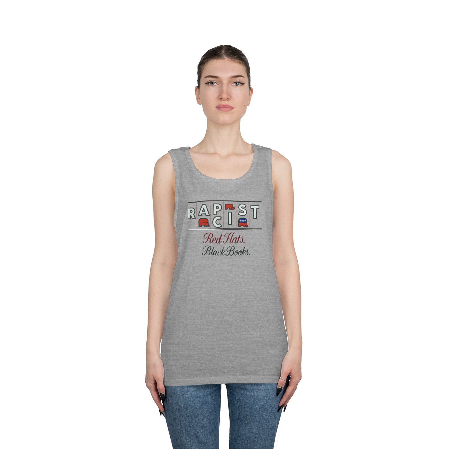 Red Hats, Black Books. Unisex Heavy Cotton Tank Top - Fun Summer Staple, Perfect for Festivals, Casual Wear, Gift for Book Lovers, Great for Hot Days
