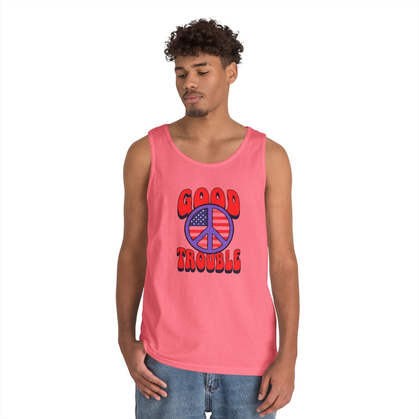 Patriotic Peace Tank Top - Unisex Heavy Cotton | Good Troubles Shirt for Summer, Beach, Travel, Festivals, BBQs
