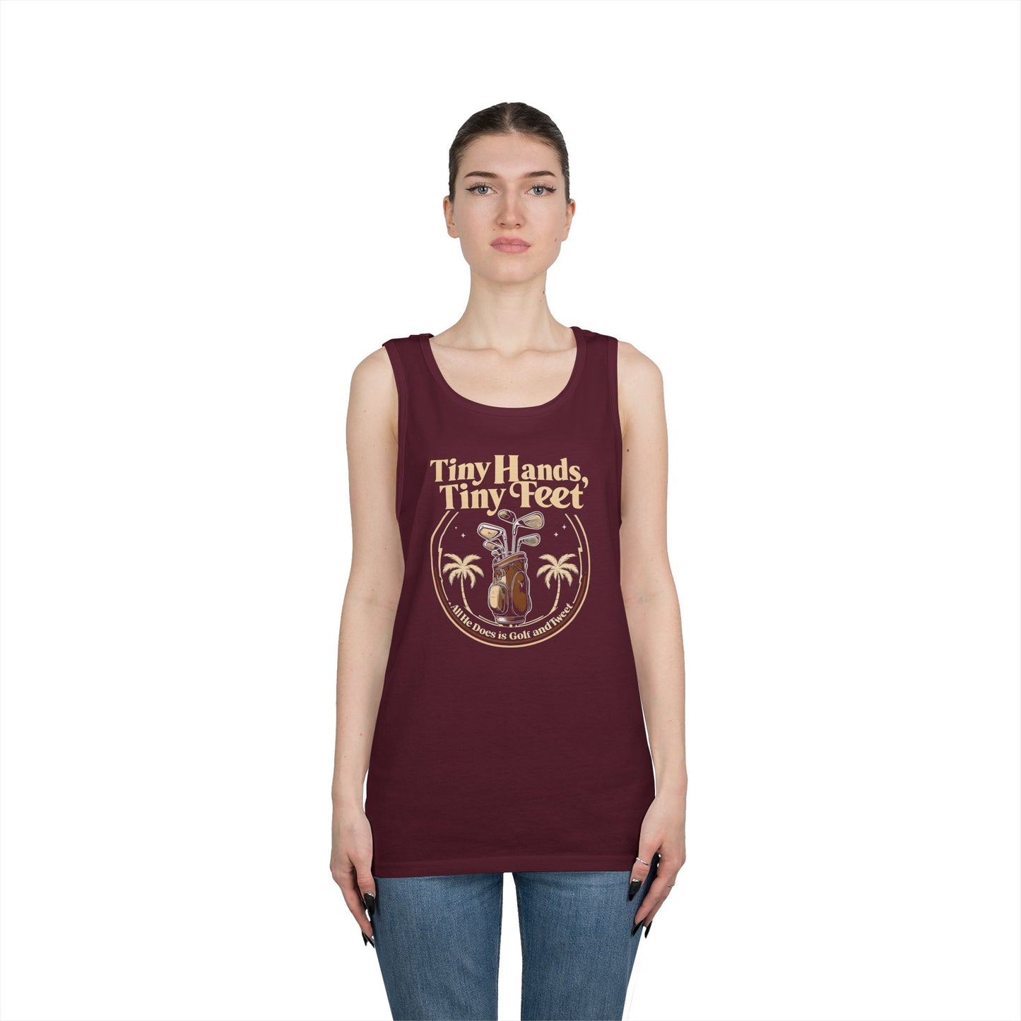 Tiny Hands Tiny Feet - All He Does is Golf and Tweet, unisex tank top, anti trump unisex tank top, protest Tank top, unisex fit