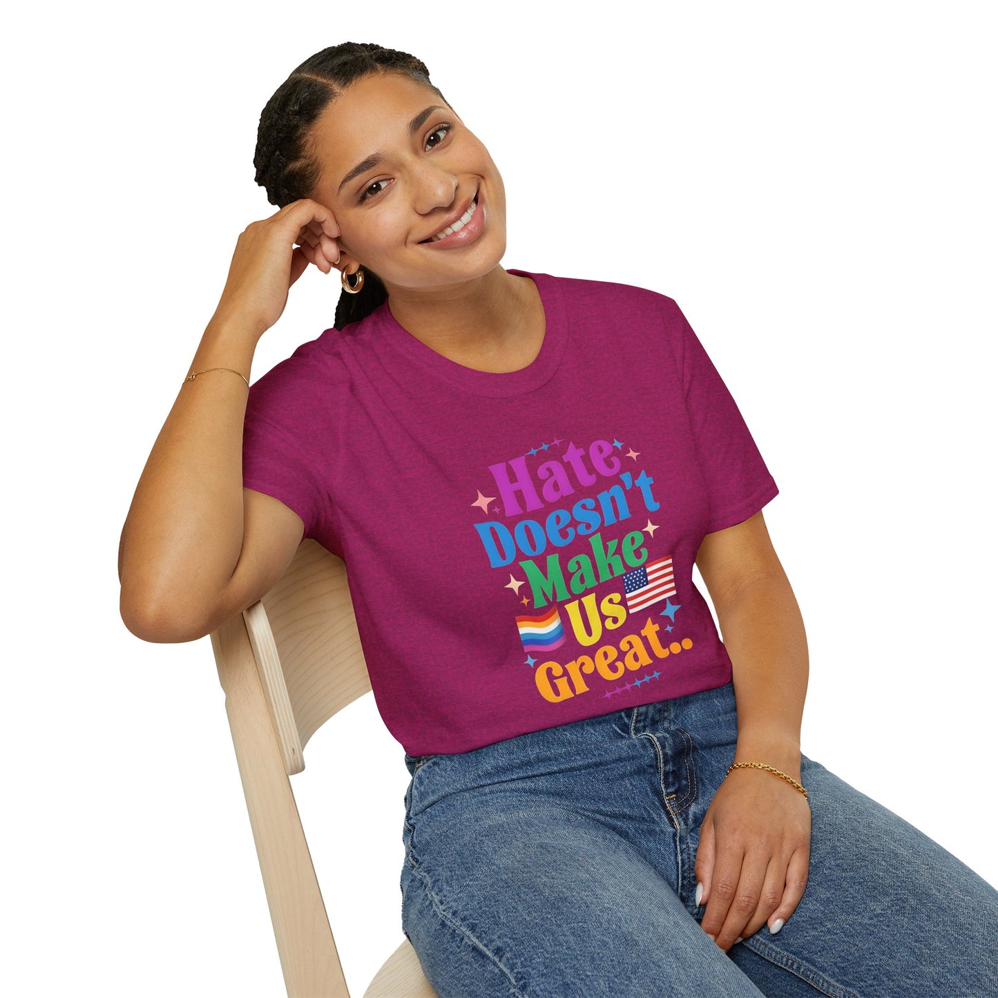Hate Doesn't Make Us Great T-Shirt | Unisex Softstyle Tee, LGBTQ Pride, Equality, Love Wins, Rainbow Graphic Tee, Wearable Message