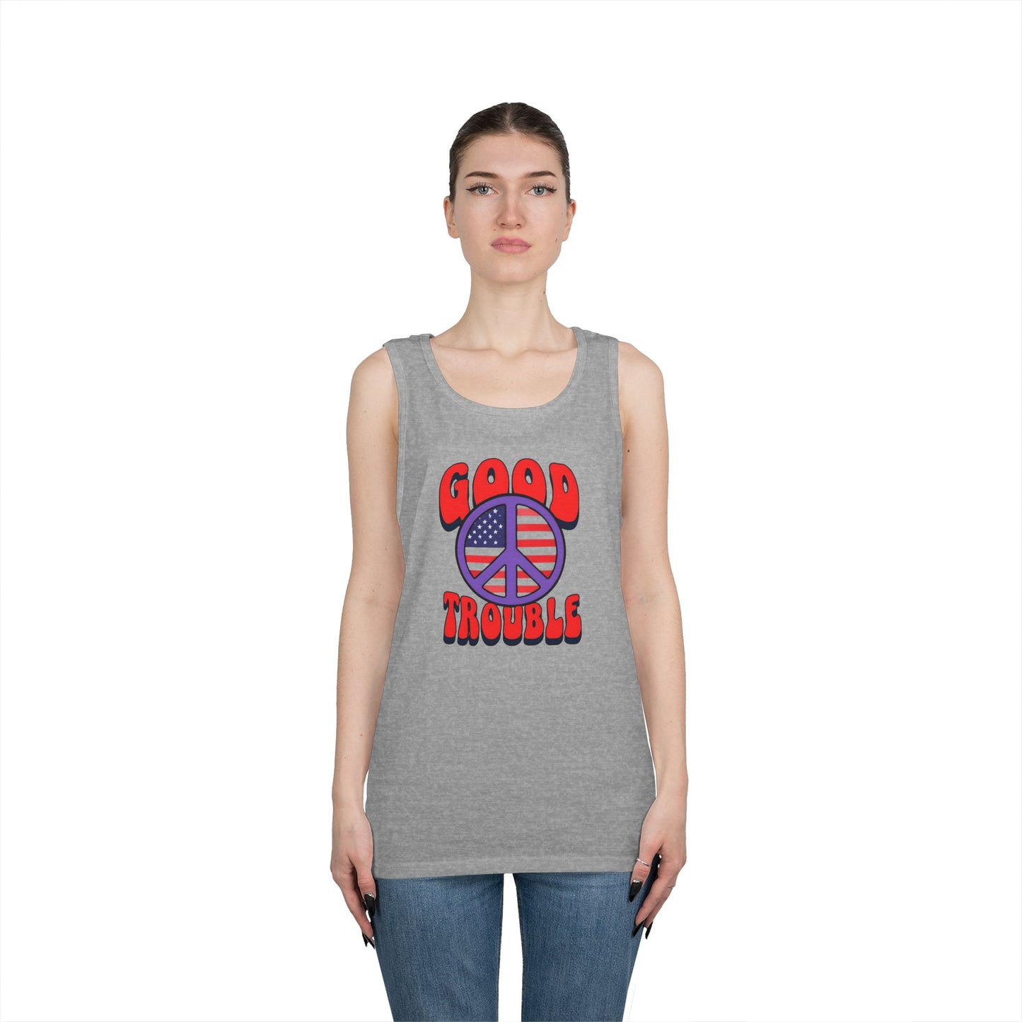 Patriotic Peace Tank Top - Unisex Heavy Cotton | Good Troubles Shirt for Summer, Beach, Travel, Festivals, BBQs