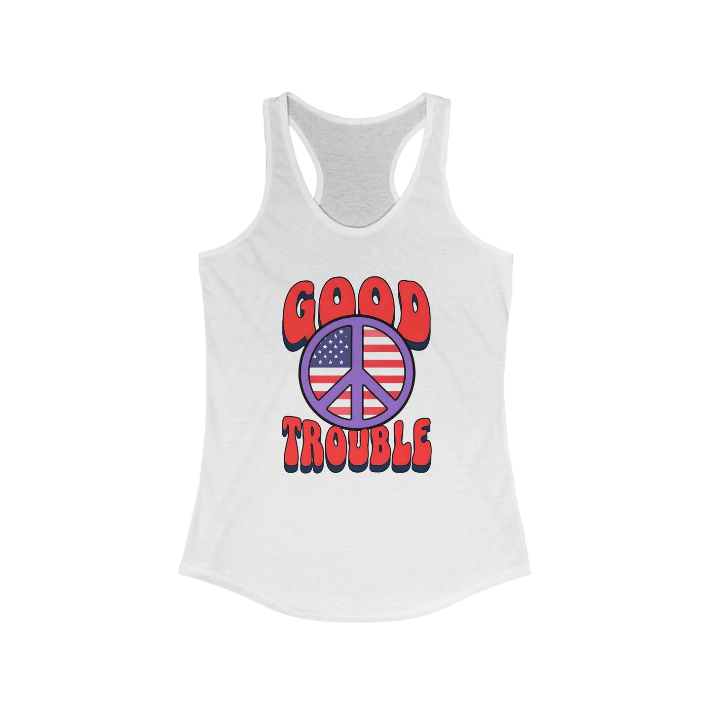 Good Trouble Women's Racerback Tank Top, Peace Design, Summer Top, Workout Apparel, Gift for Activists, Casual Wear