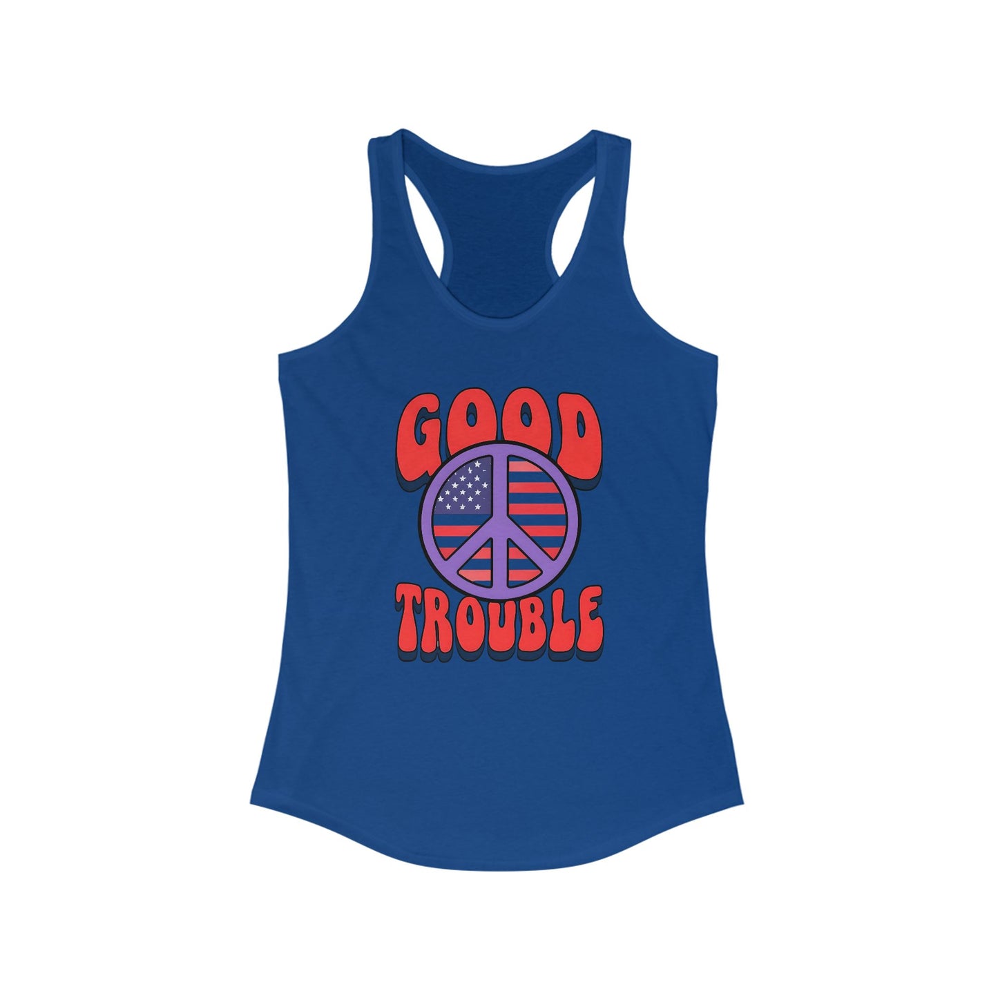 Good Trouble Women's Racerback Tank Top, Peace Design, Summer Top, Workout Apparel, Gift for Activists, Casual Wear