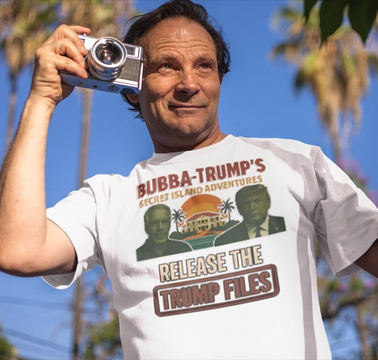 "Bubba-Trump's Secret Island Adventures: Release the Trump Files" Retro Political Tee, release ALL the Files - Un-Redacted!