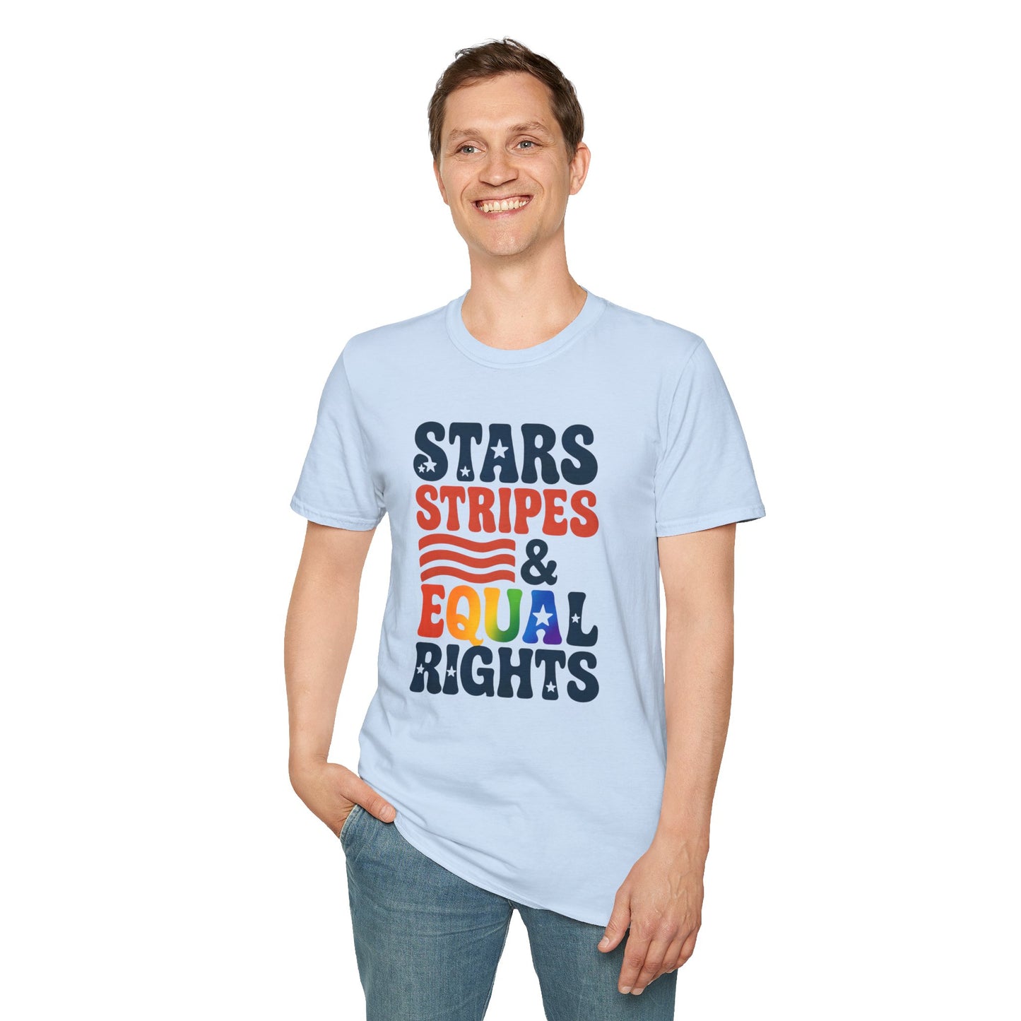 Stars Stripes and Equal Rights unisex tee, Casual protest Gift, LGBTQ tee, Unisex Softstyle Shirt,  Family Wear, gay rights