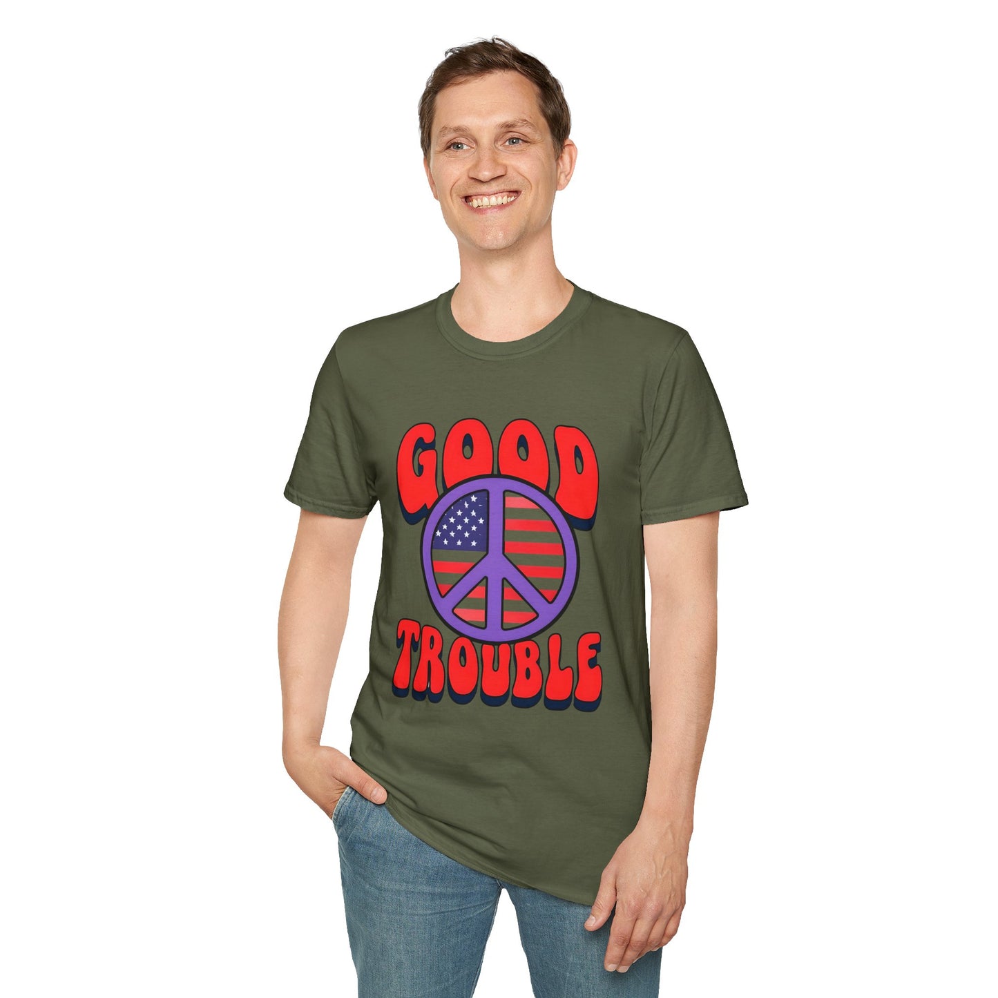 Peace & Good Trouble Unisex T-Shirt, Retro Graphic Tee, Casual Wear, Gift for Activists, July 4th Celebration Shirt