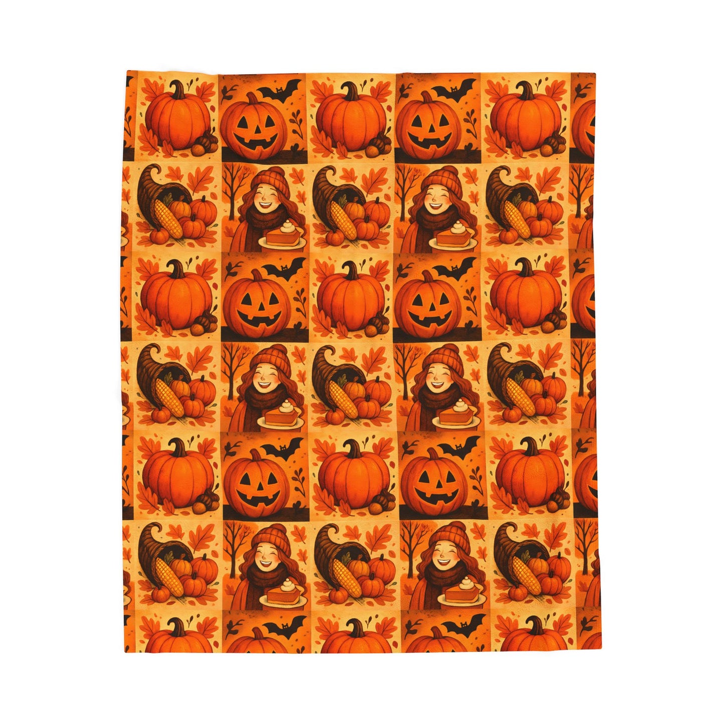 Autumn Themed Velveteen Plush Blanket, Cozy Fall Decor, Halloween Warmth, Pumpkin Blanket, Thanksgiving Gift, Seasonal Home Comfort