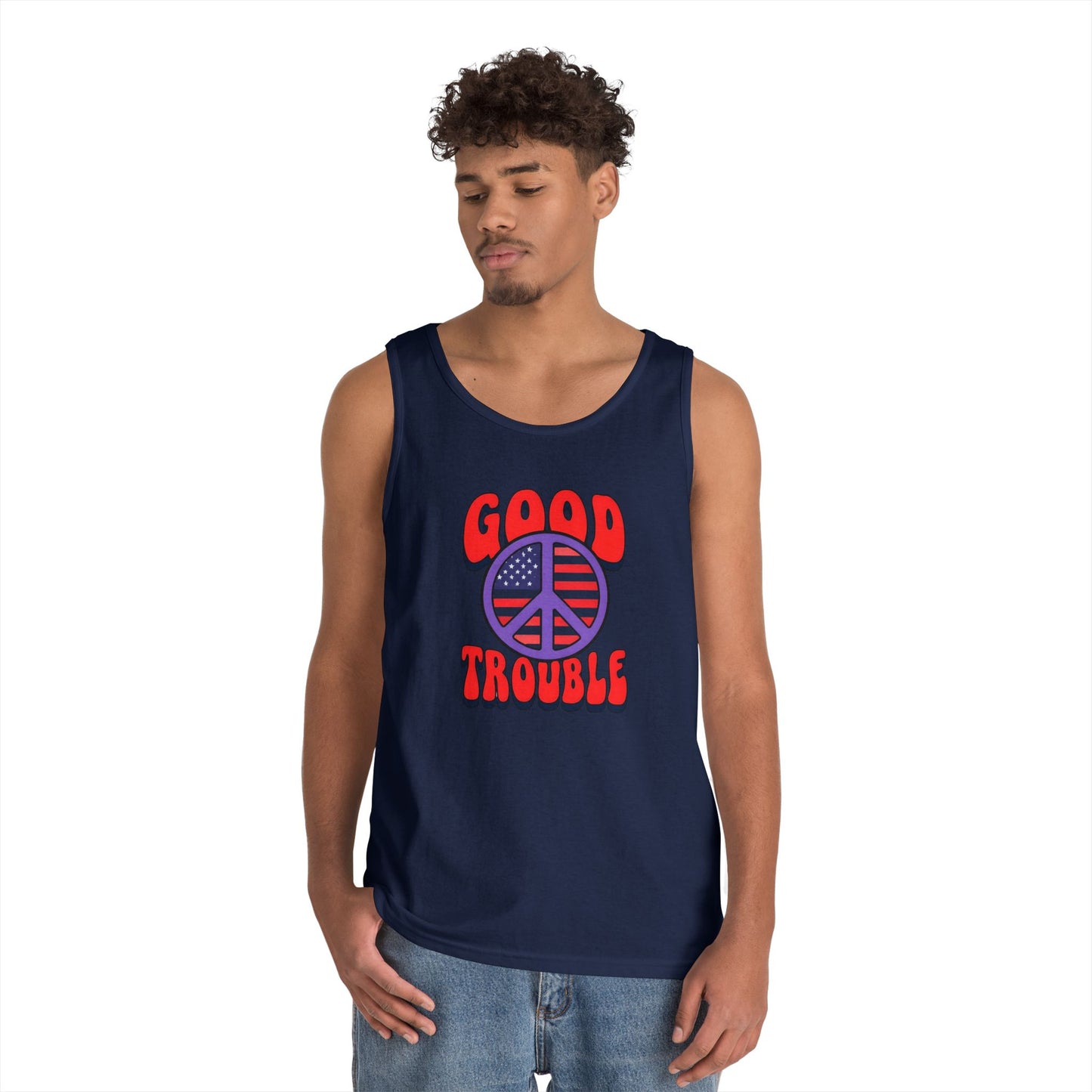 Patriotic Peace Tank Top - Unisex Heavy Cotton | Good Troubles Shirt for Summer, Beach, Travel, Festivals, BBQs